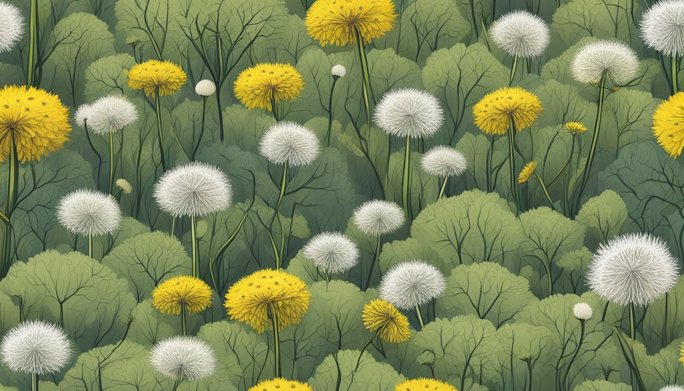 A field of dandelions with roots being harvested and ground into flour