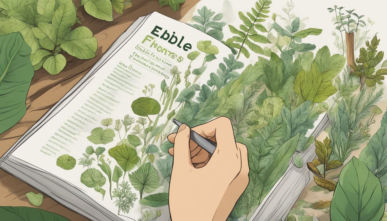 A lush forest floor with various edible plants, a person using foraging tools to gather them, and a guidebook open to a page titled "Edible Plant Guide for Beginners."