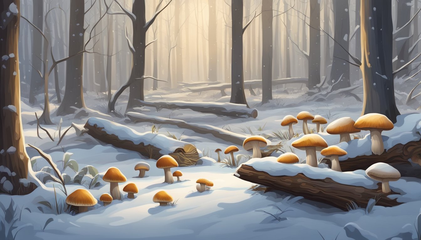 A snowy forest clearing with various types of edible mushrooms growing on fallen logs and under the frost-covered branches of trees