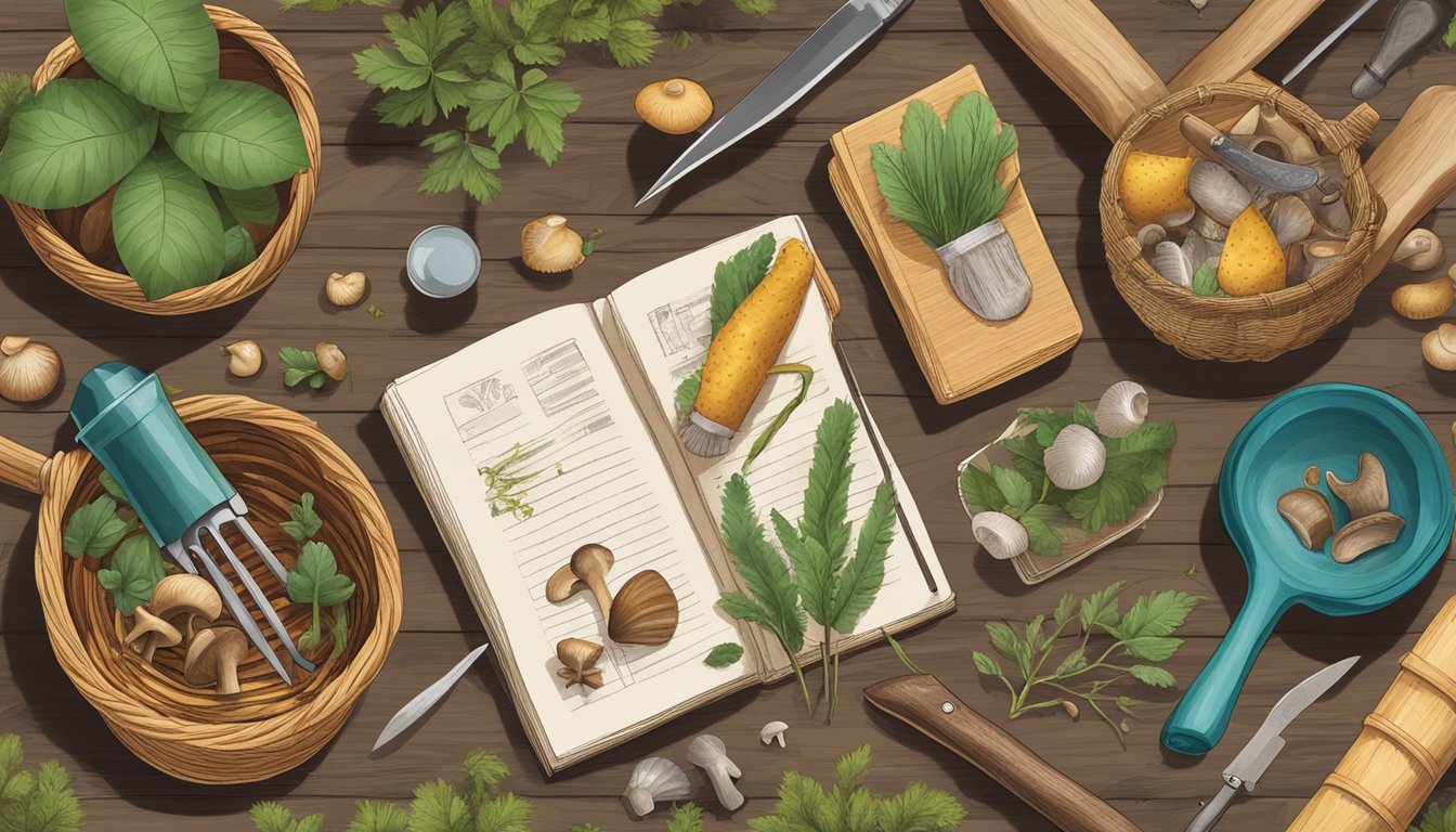 A collection of foraging tools laid out on a wooden table, including a knife, basket, and field guide. Surrounding the tools are various plants and mushrooms