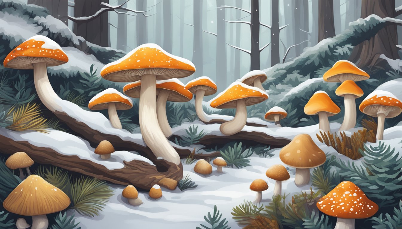 A cozy forest floor with snow-dusted trees, showcasing a variety of edible winter mushrooms in different shapes, sizes, and colors