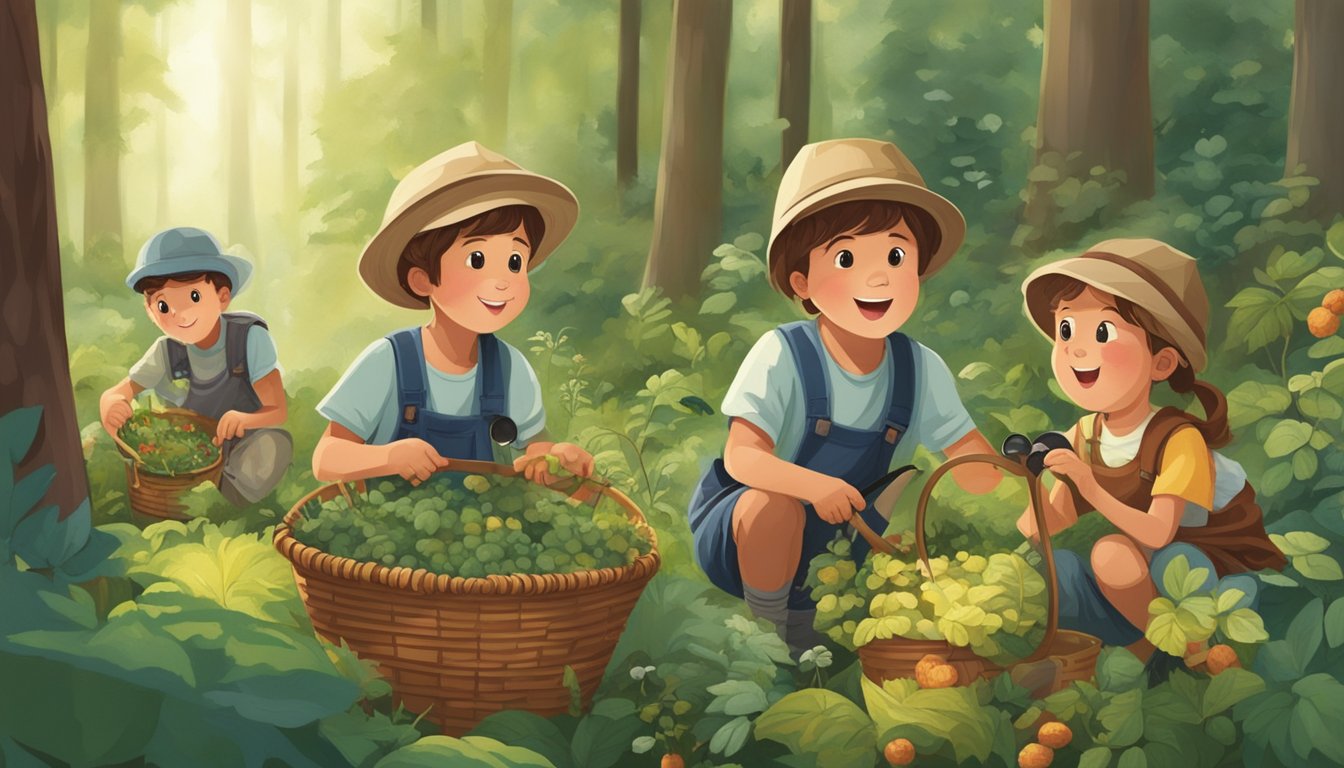 A group of children explore a lush forest, using baskets and buckets to collect wild berries, mushrooms, and herbs. They use magnifying glasses to inspect plants and learn about nature