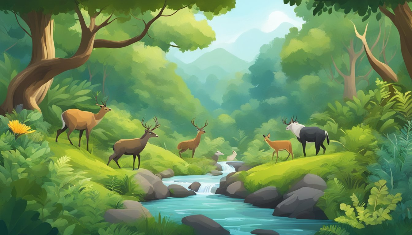 A lush forest with diverse plant life, a flowing stream, and various animals foraging for food