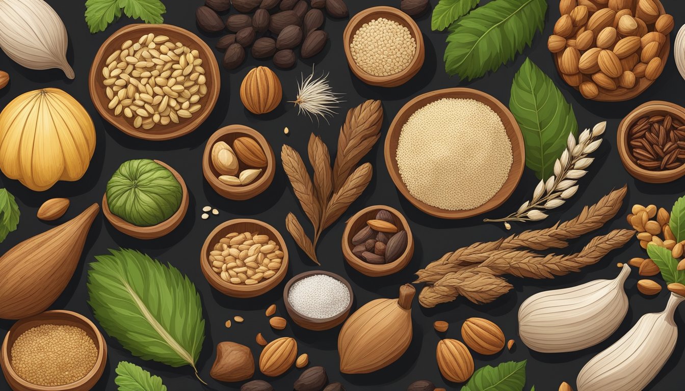 A collection of 17 different wild edibles, such as nuts, seeds, and grains, arranged on a wooden table, ready to be turned into flour for culinary use