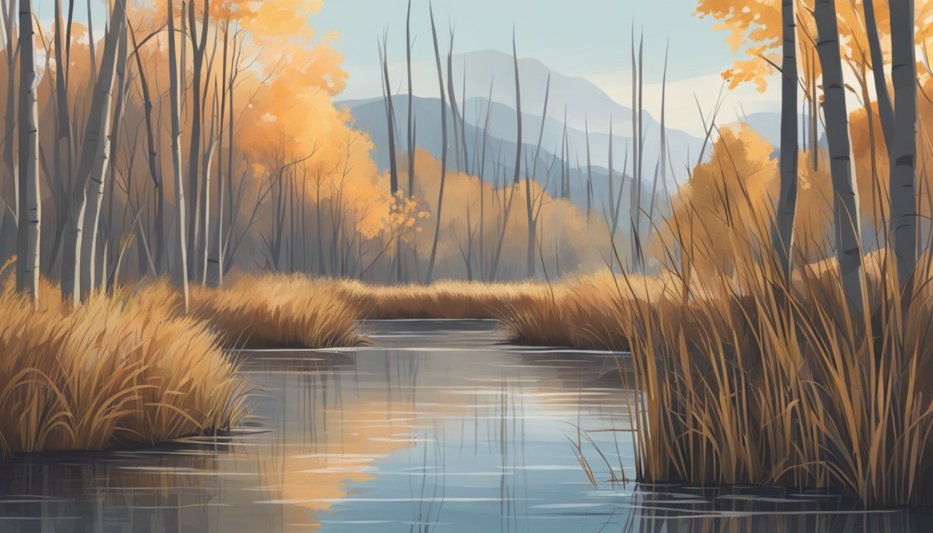 A serene wetland in late fall, with cattails standing tall and their roots peeking out from the water