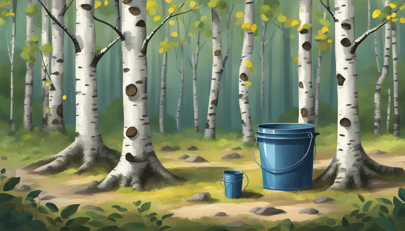 A birch tree with a small tap and a collection bucket, surrounded by other trees in a forest clearing