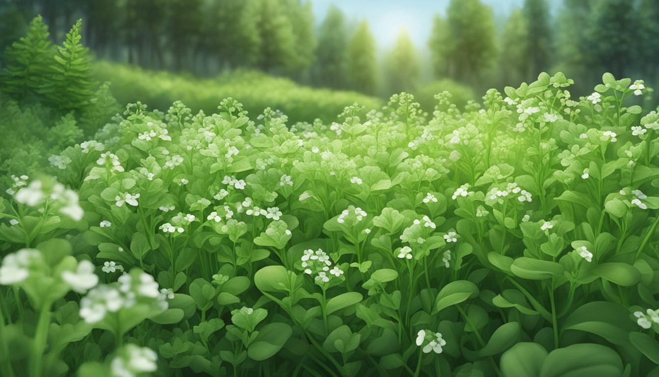 A lush field of wild green pennycress, surrounded by other forageable spring greens, under the soft light of early spring