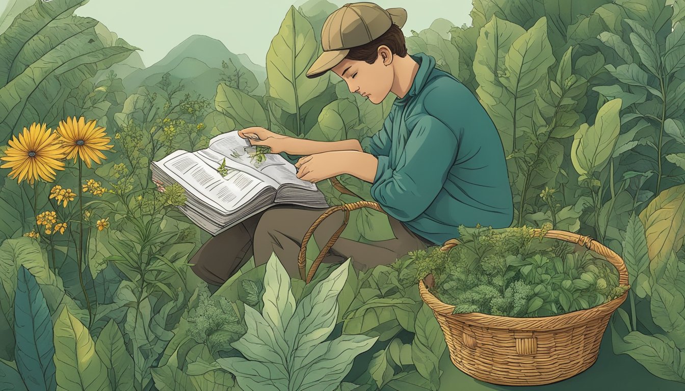 A person gathering wild plants, surrounded by lush greenery, with a basket of foraged items and a guidebook on plant identification