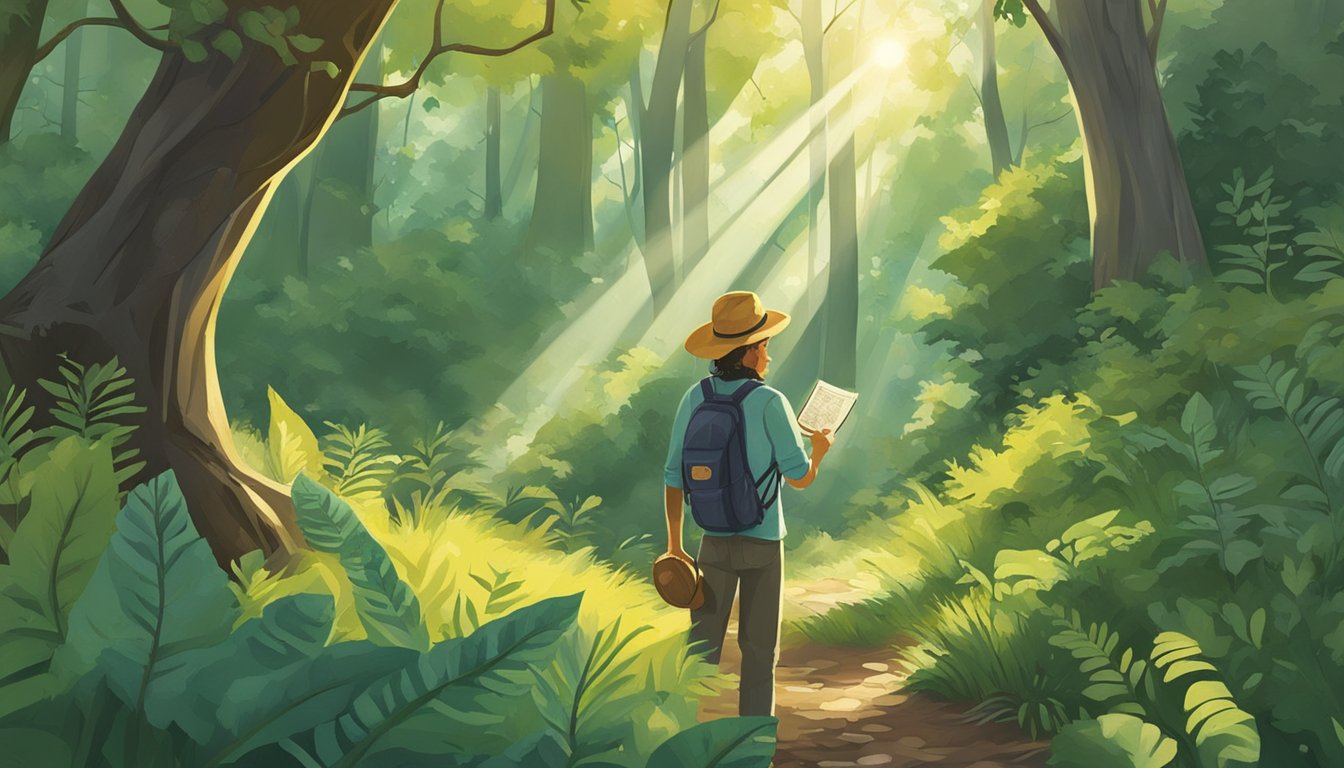 A wildcrafter gathers edible plants in a lush forest, following safety tips from a guidebook. The sun filters through the trees, casting dappled light on the forager's surroundings