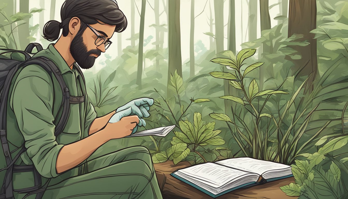 A wildcrafter carefully examines plants in a forest, wearing gloves and using a guidebook. They avoid areas with signs of pollution or contamination