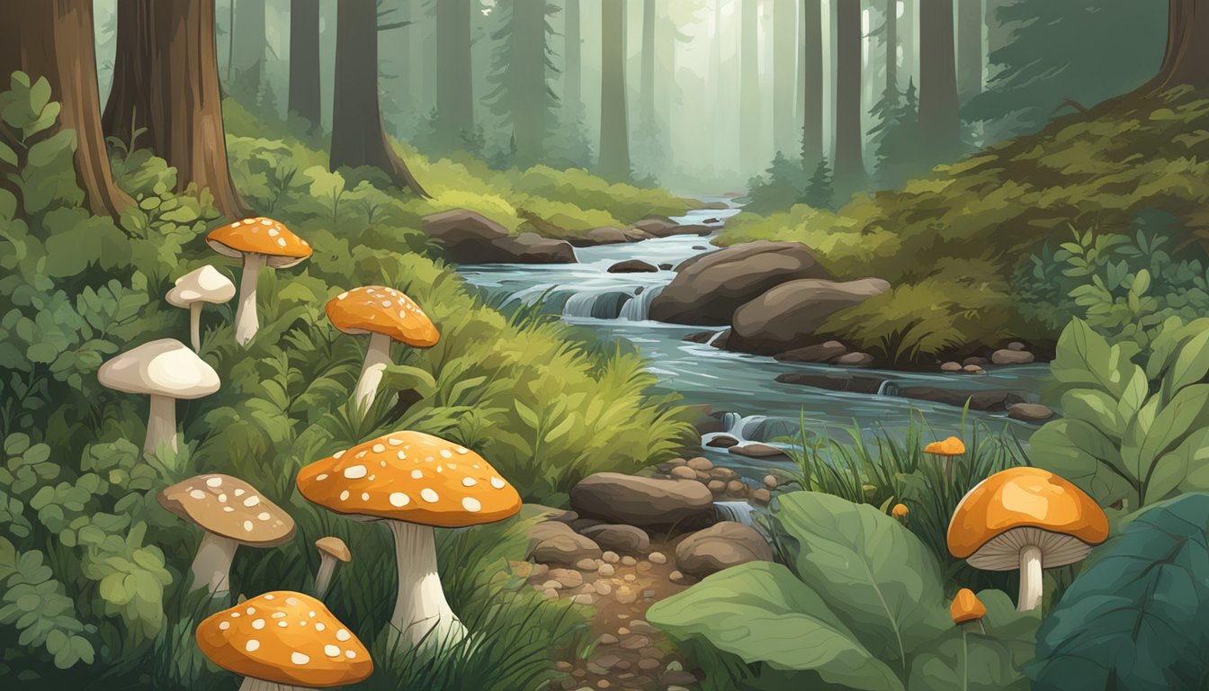 A forest floor with various wild plants and mushrooms, a stream in the background, and a cautious wildcrafter gathering edible items