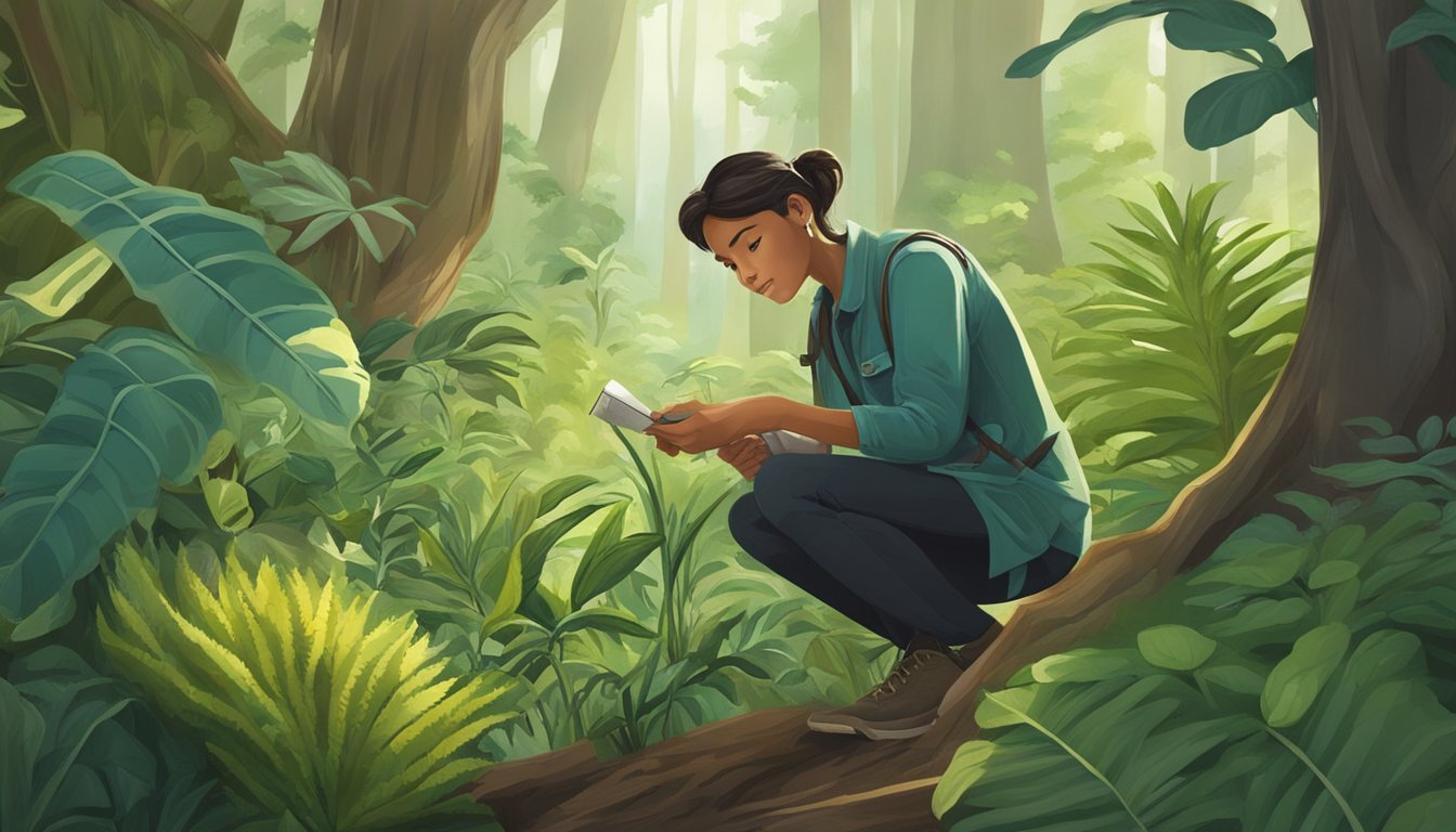 A wildcrafter cautiously examines various plants while surrounded by a lush forest, taking care to avoid potential allergens