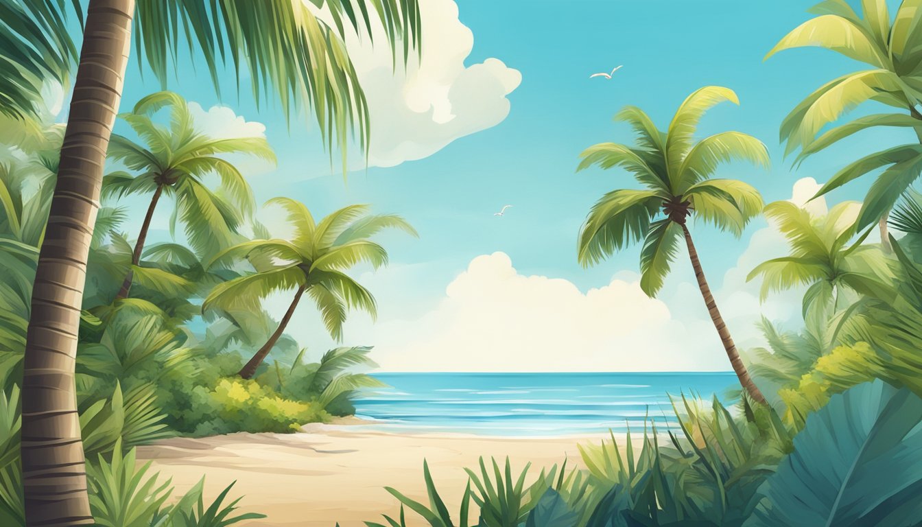 A tropical beach with coconut trees, wild plants, and a clear blue sky