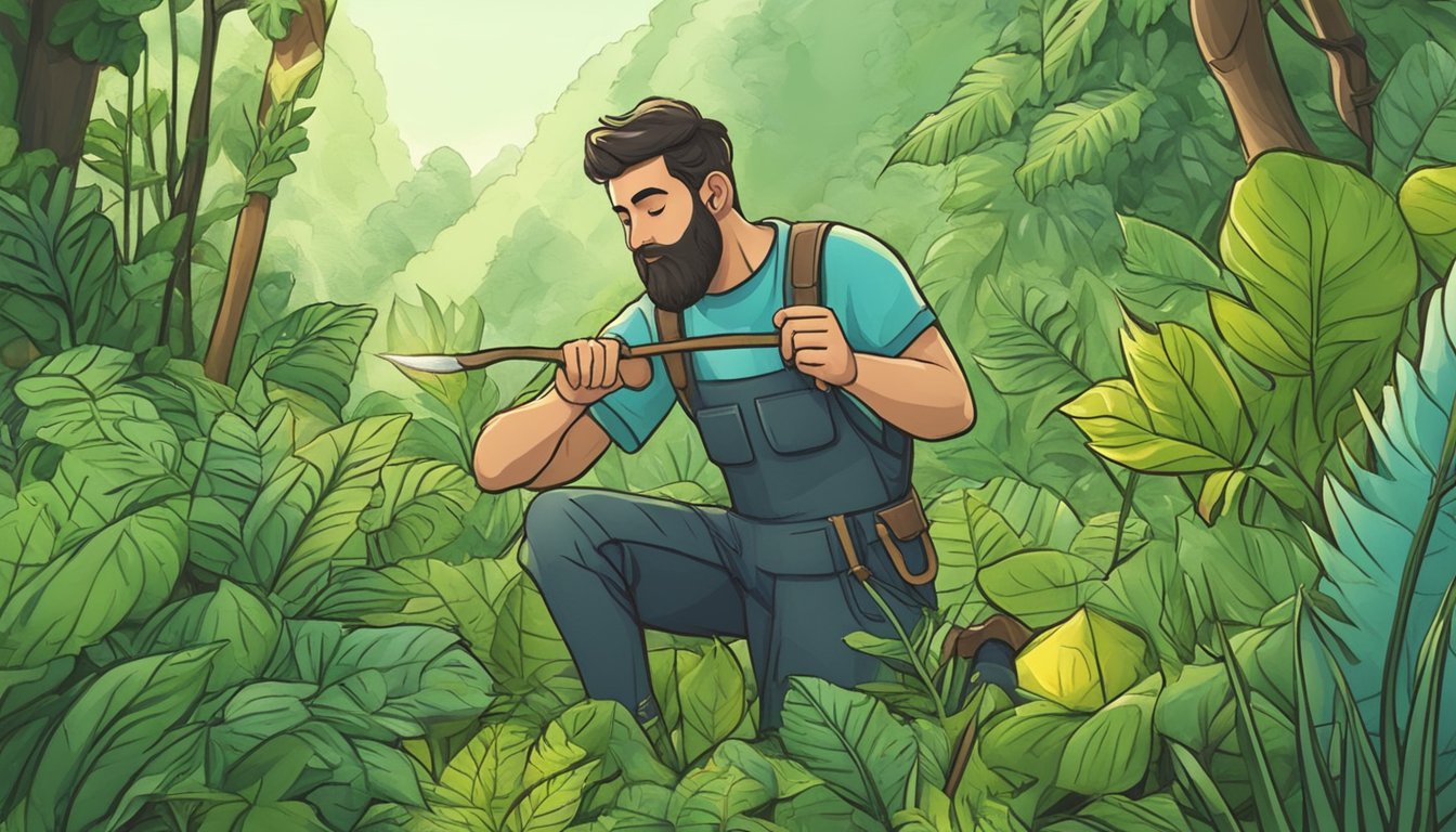 A wildcrafter surrounded by lush greenery, carefully harvesting plants while following safety guidelines