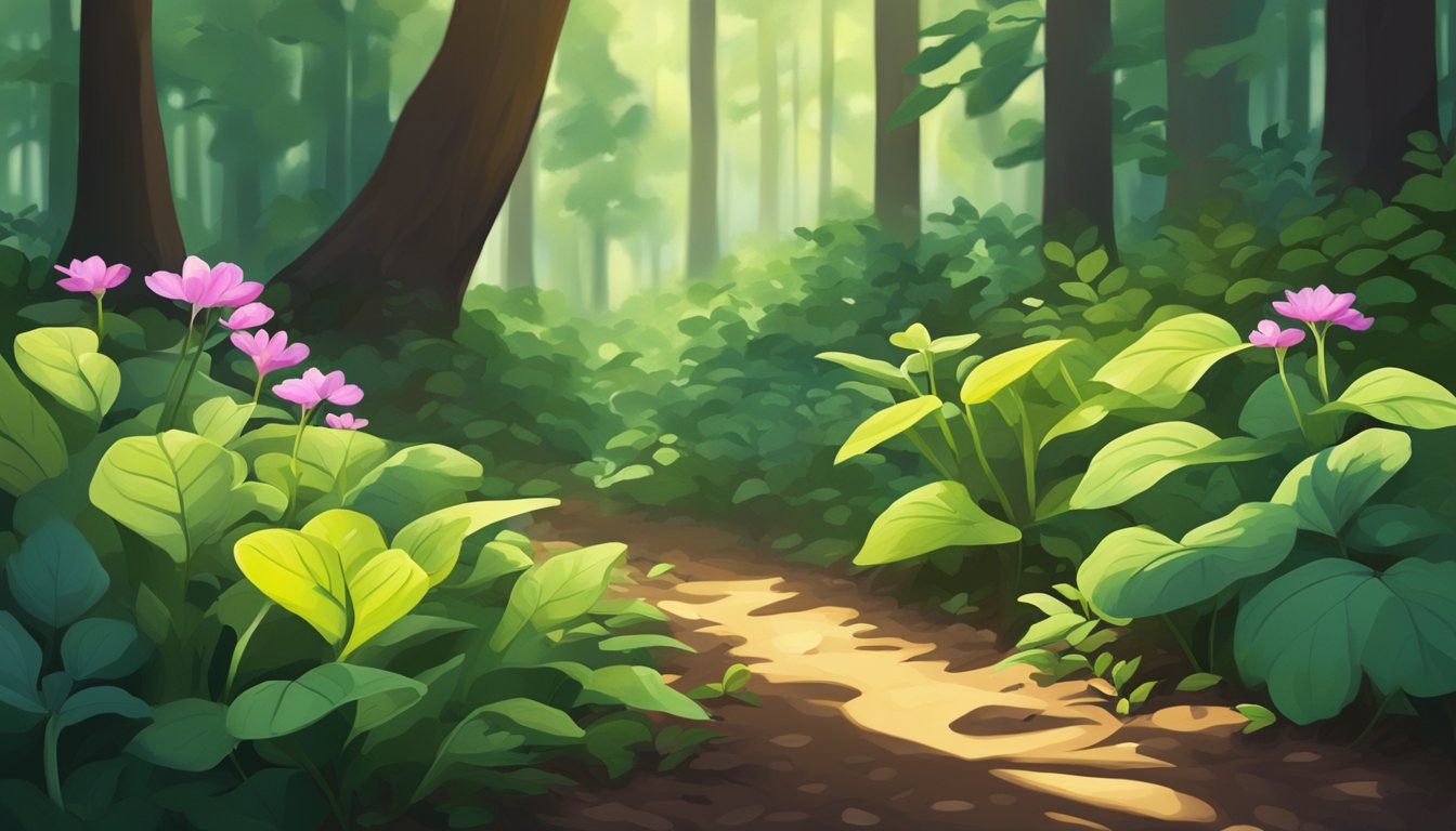 Lush green plants with broad leaves and vibrant flowers basking in the warm sunlight, casting dappled shadows on the forest floor