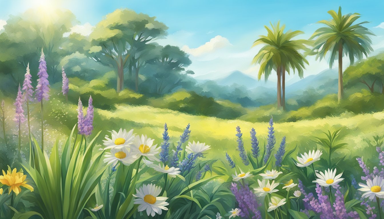 A sunny meadow with wild plants like aloe, lavender, chamomile, and coconut palms, surrounded by clear blue skies and lush greenery