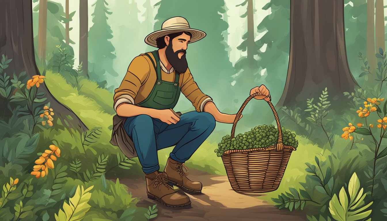 A wildcrafter gathers herbs and berries in a forest, respecting private property boundaries. They carry a basket and wear sturdy boots for safety