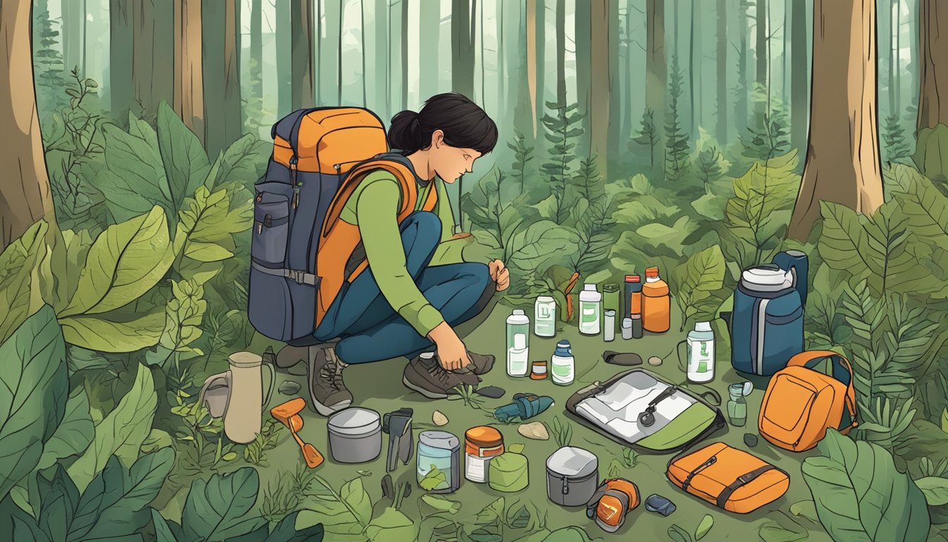 A person in a forest gathering wild plants, with a backpack open to reveal a first aid kit, surrounded by various foraging tools and safety items