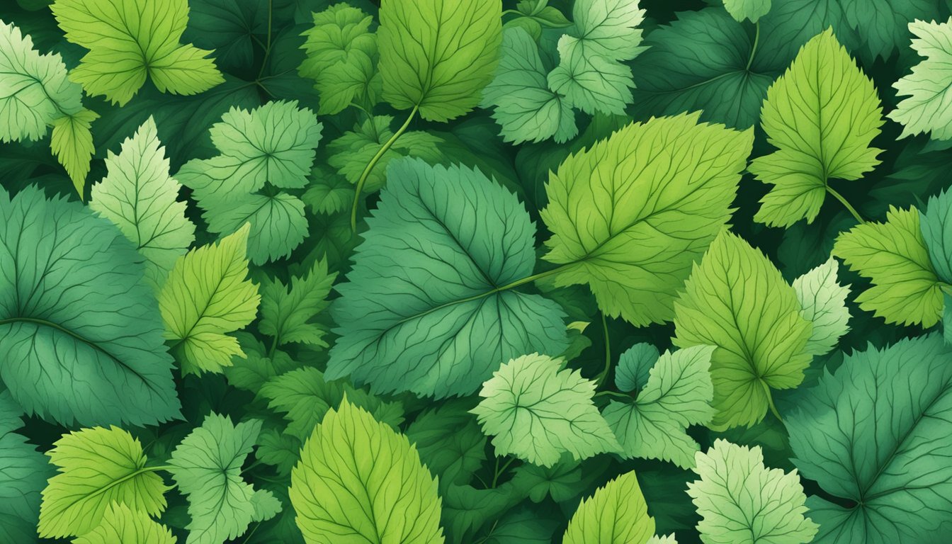 A lush forest floor with vibrant green nettle leaves scattered among other wild edible plants