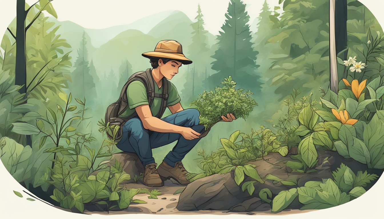 A wildcrafter gathering herbs in a forest, wearing appropriate clothing and gear, surrounded by lush greenery and wild plants