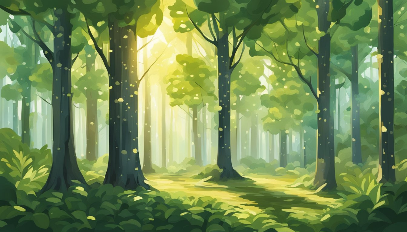 Sunlight filters through a dense forest, illuminating a cluster of basswood trees. Clear sap drips from the bark, contrasting with the rich green foliage