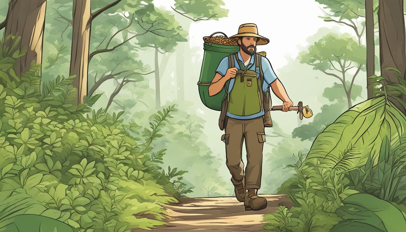 A wildcrafter walks through a lush forest, carrying a basket and using proper foraging tools to gather plants. They move carefully, following safety guidelines