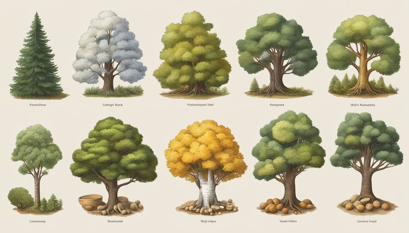 A variety of trees oozing sap, including birch, pine, and walnut, with labels indicating their nutritional benefits