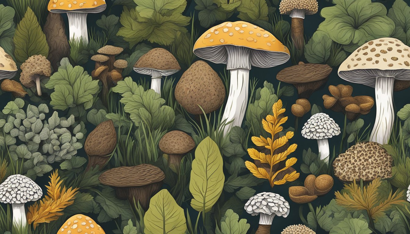 A forest floor covered in various wild foods, including morel mushrooms, with a focus on their unique shapes and textures