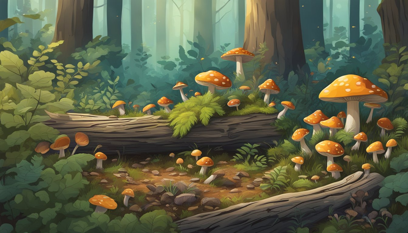 A forest floor with vibrant foliage and mushrooms, while insects swarm around a decaying log