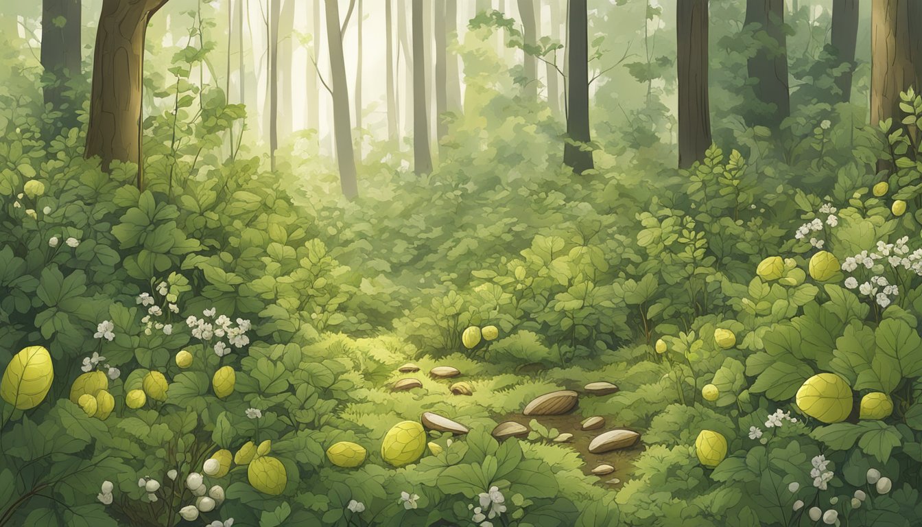 A lush forest floor with scattered wild gooseberry bushes, surrounded by other high-protein wild foods like nuts and seeds