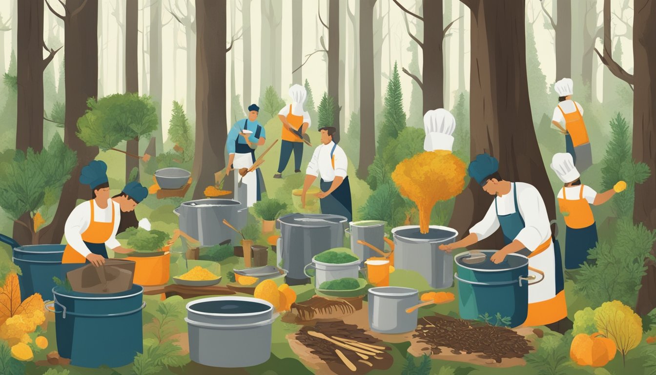 A forest scene with various trees oozing sap into buckets, surrounded by cooking utensils and chefs experimenting with different recipes