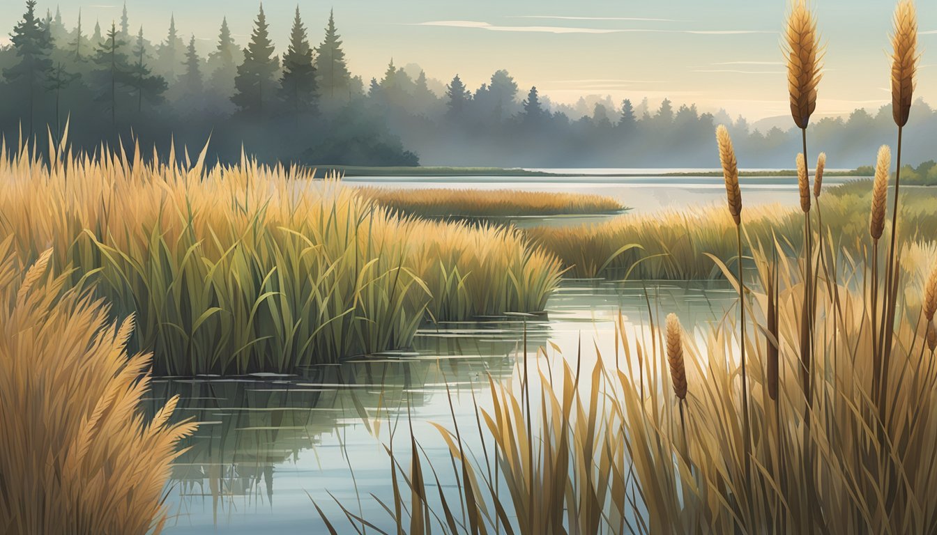 A serene wetland with cattail plants growing along the water's edge, showcasing their long, slender leaves and distinctive brown, sausage-shaped seed heads