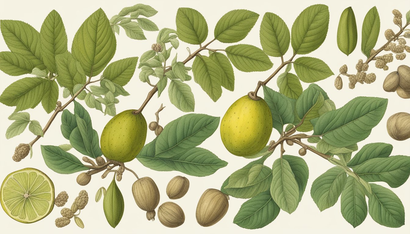 A branch of Juglans regia surrounded by 10 other wild plants used for natural dyes