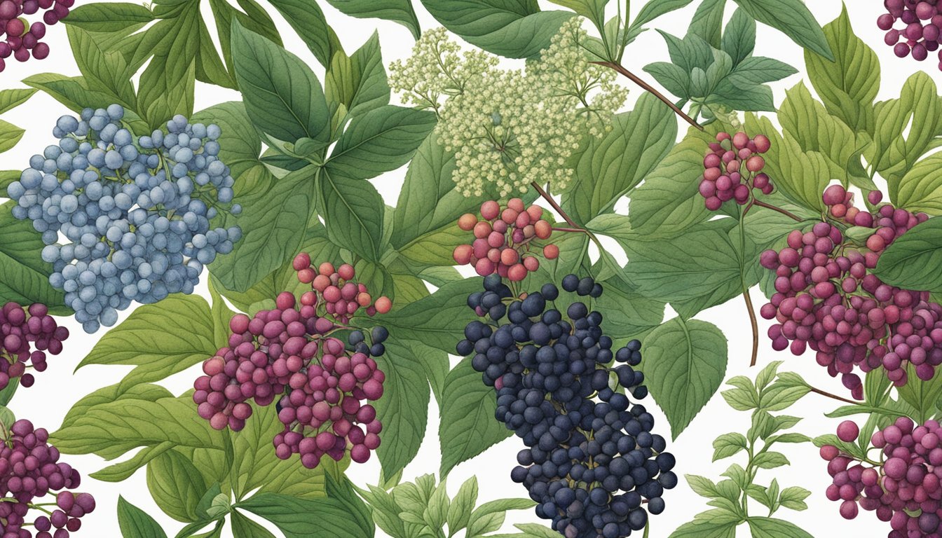 Elderberry plant surrounded by 10 other wild plants, each displaying vibrant colors