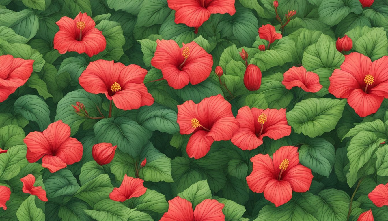 A lush field of wild hibiscus sabdariffa plants, with vibrant red flowers and green leaves, surrounded by a natural landscape