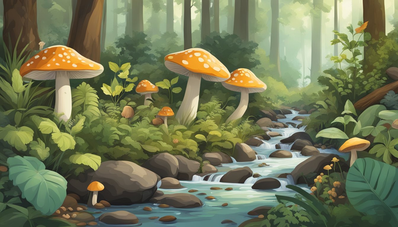 A lush forest floor with an assortment of wild plants, mushrooms, and nuts. A stream flows nearby, and birds and small animals are foraging