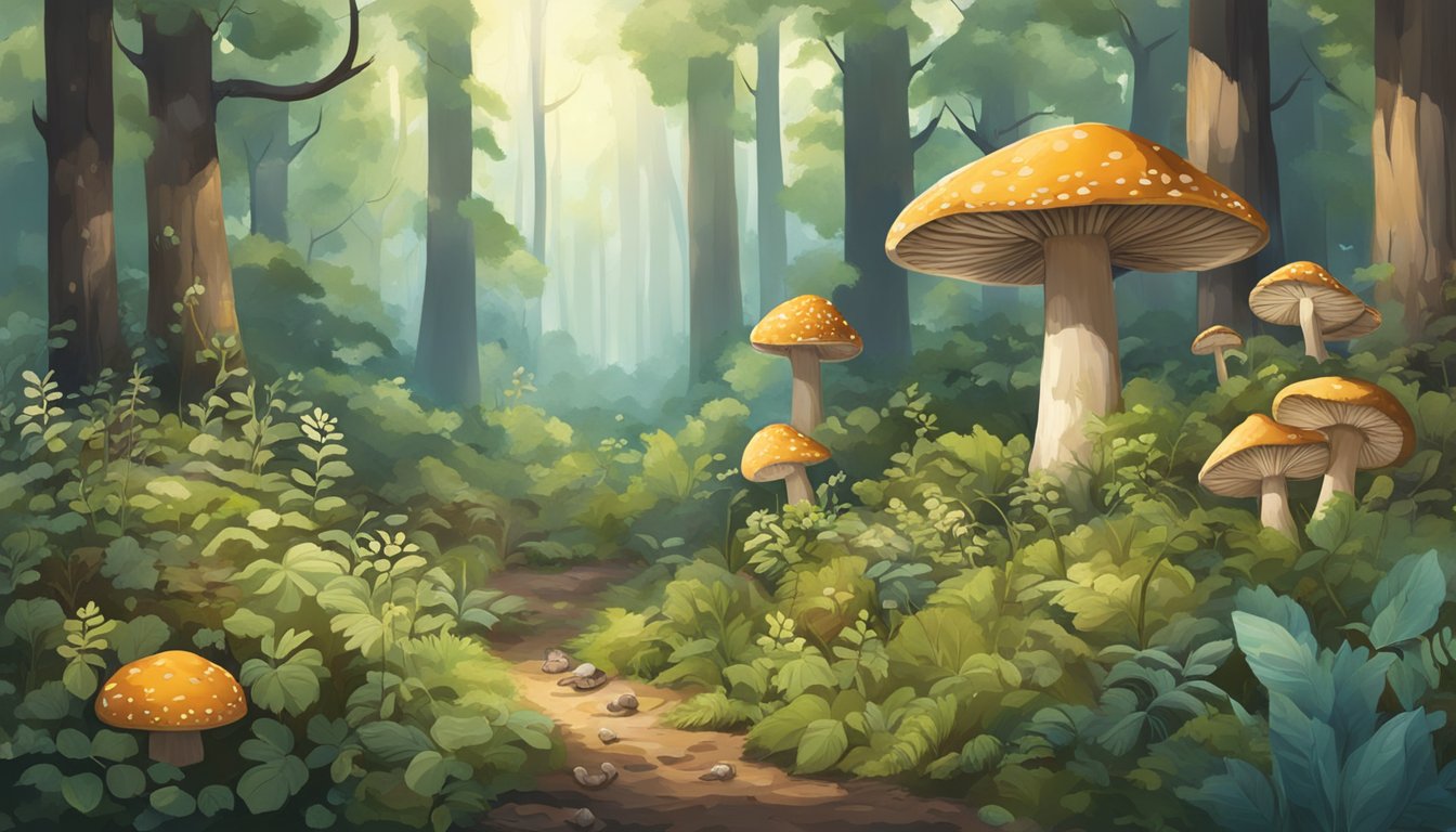 A forest clearing with a variety of wild plants and mushrooms, some with visible protein-rich features like seeds or nuts