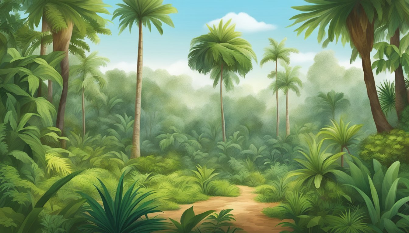 A lush forest clearing with a variety of wild plants such as stevia, agave, and maple growing amidst towering palm sugar trees