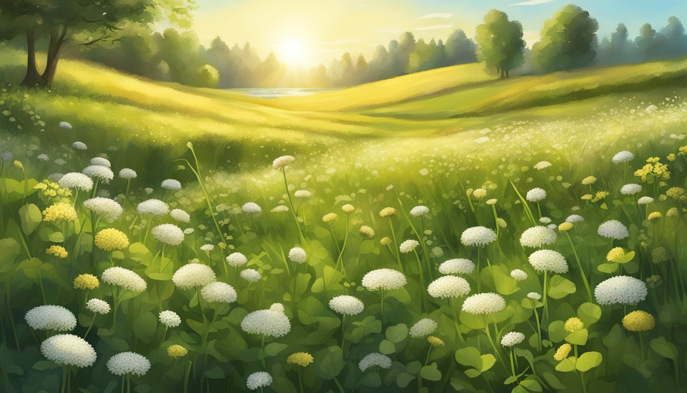 A lush meadow with a variety of wild plants, including clover, dandelions, and elderflowers, bathed in golden sunlight