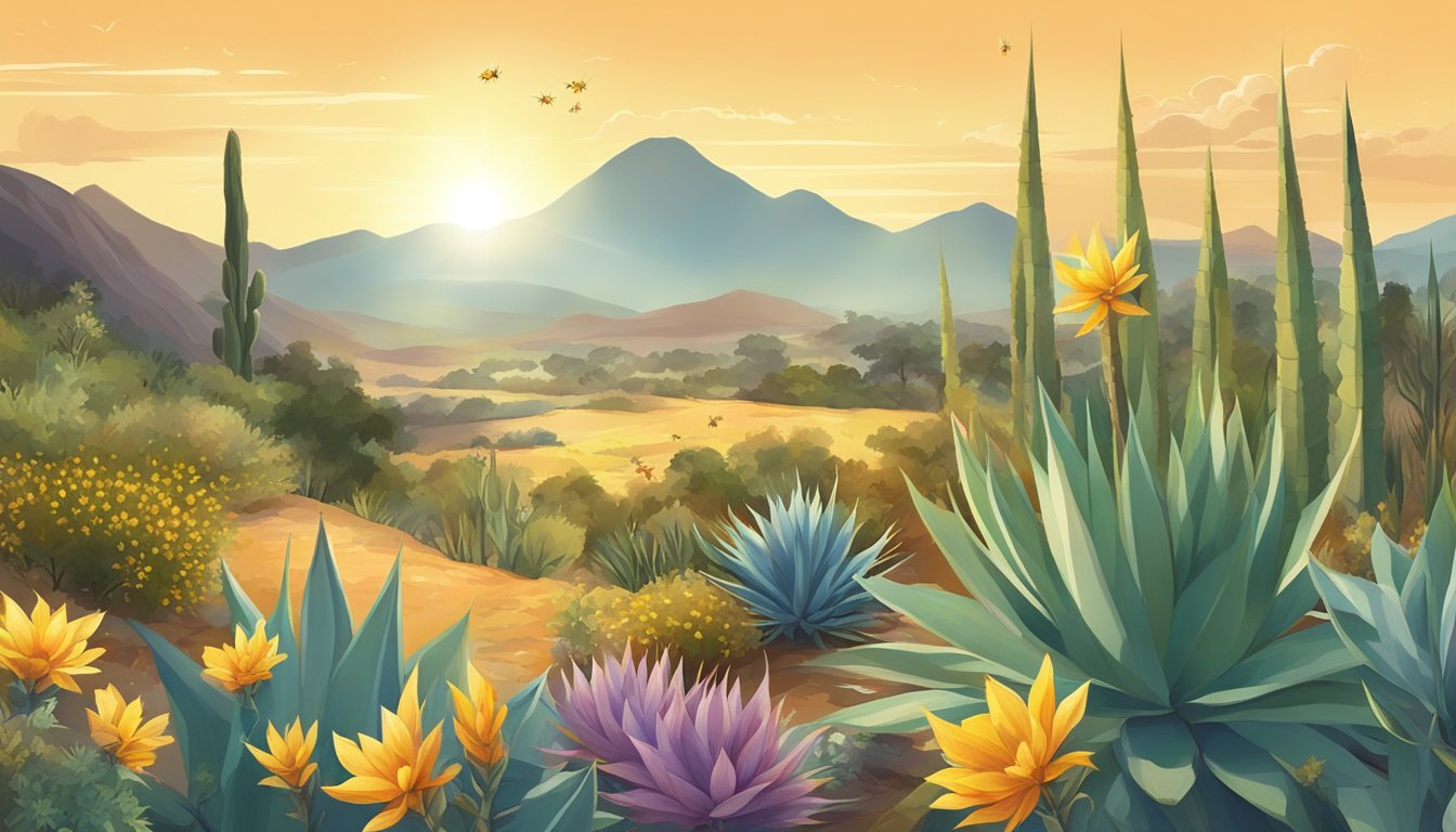 A variety of wild plants, including agave, surrounded by bees and butterflies, with the sun casting a warm glow over the natural landscape