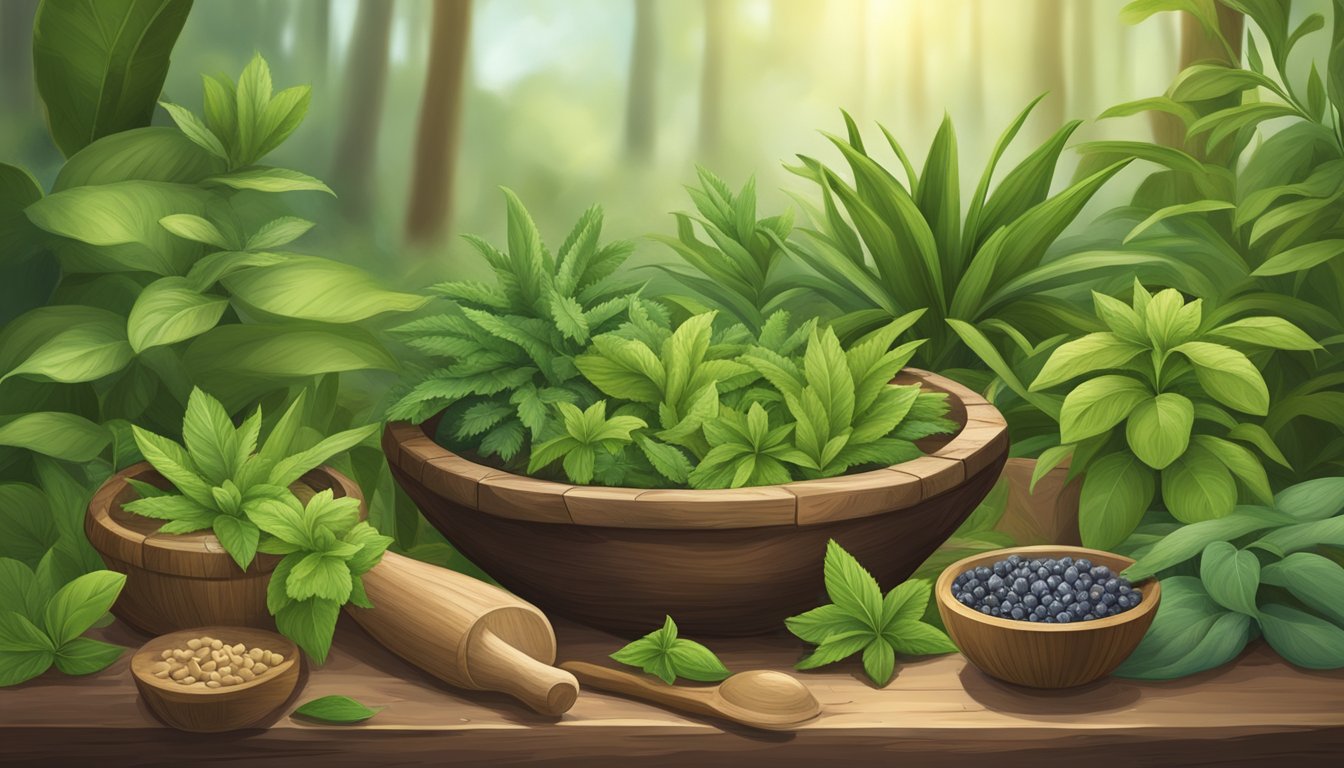 A serene forest clearing with various wild plants like stevia, agave, and monk fruit growing around a traditional wooden mortar and pestle