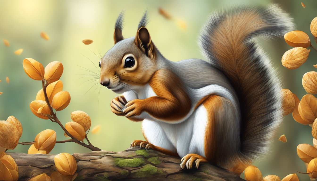 A squirrel perched on a tree branch, surrounded by scattered wild nuts and cracked shells, with a serene forest backdrop