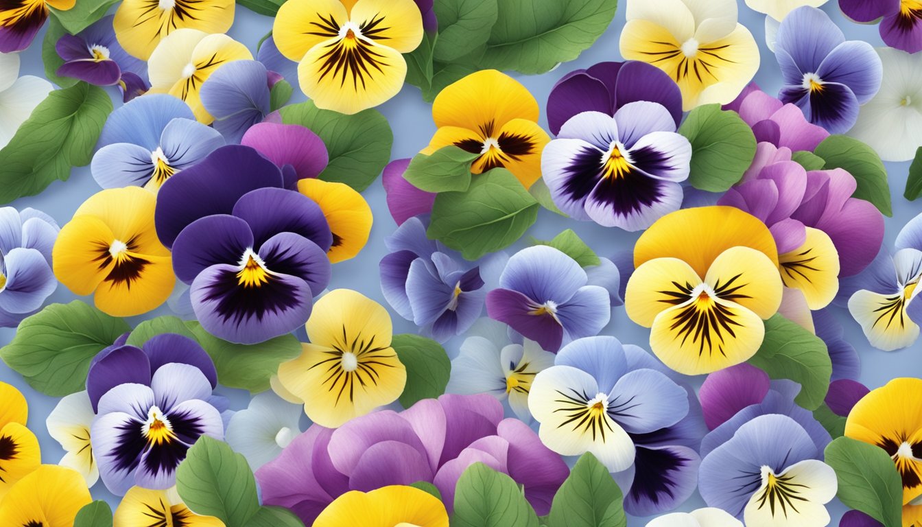 A colorful array of pansies arranged on a frosted cake, surrounded by scattered loose petals and greenery