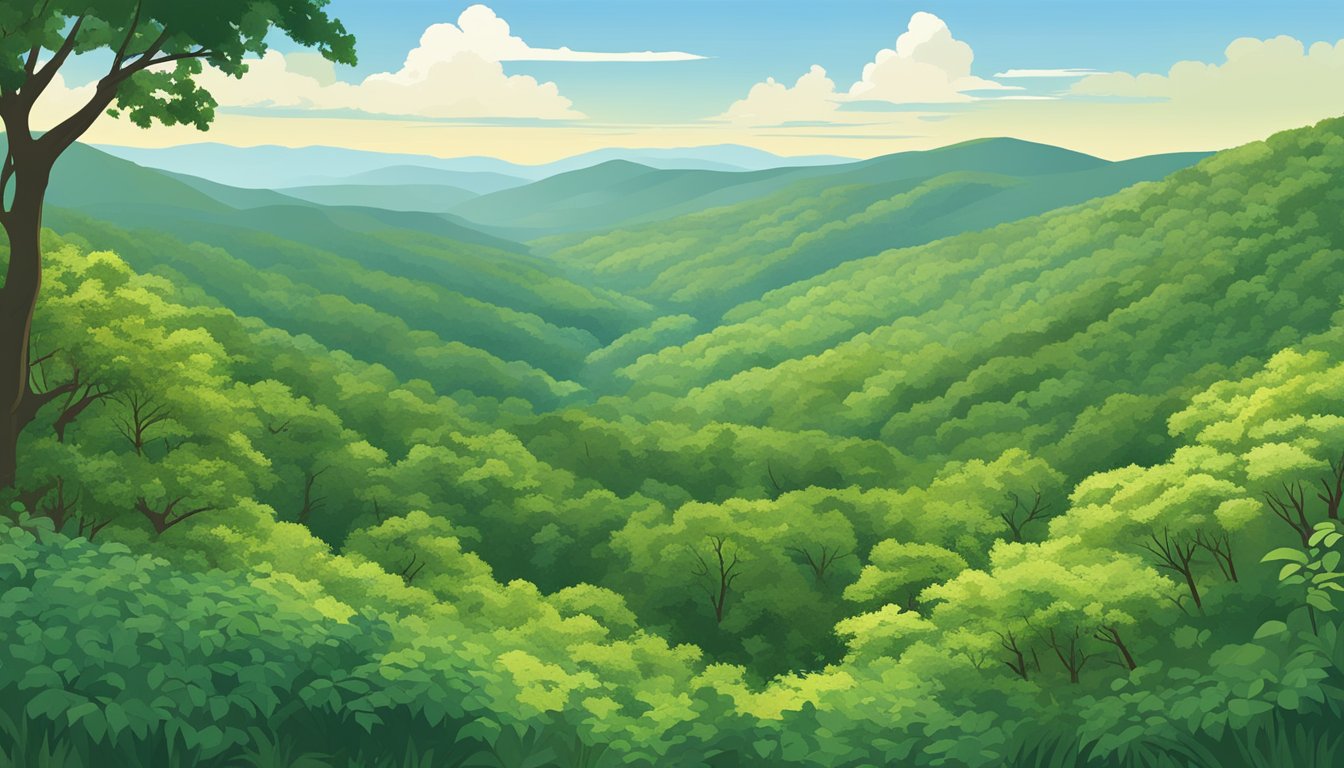 Lush forest with diverse plant life, rolling hills, and scenic overlooks in Shenandoah National Park, Virginia