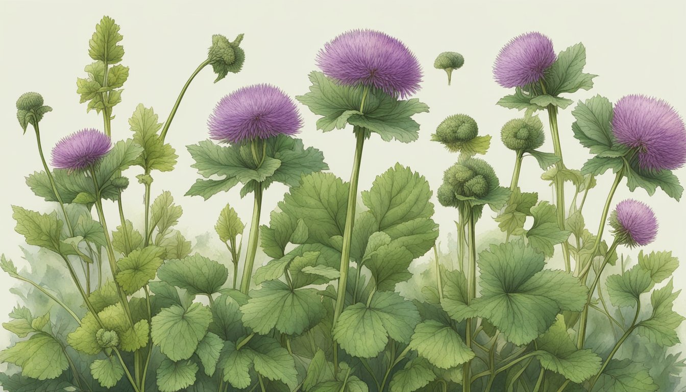 A variety of wild edible weeds, including burdock, growing in a lush and overgrown yard