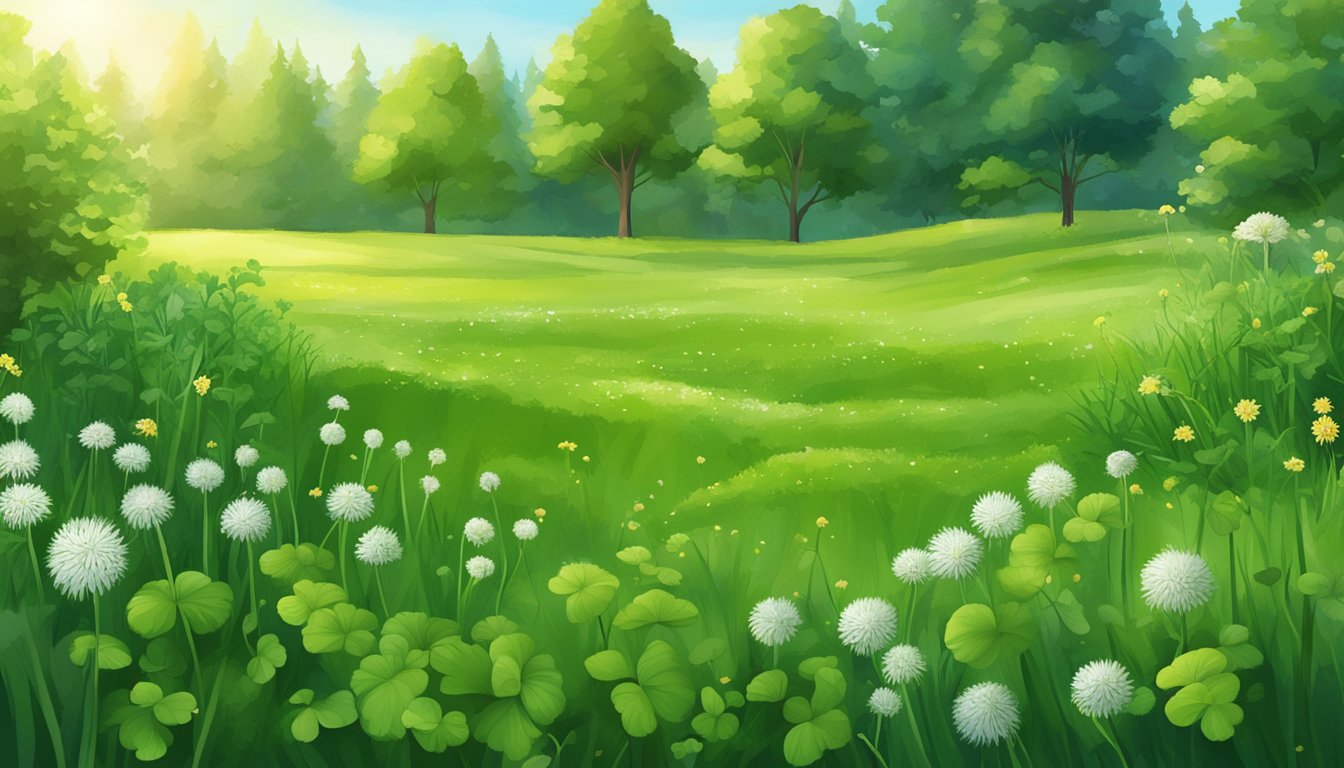 A lush green yard with various edible weeds such as clover, dandelion, and plantain scattered throughout the grass