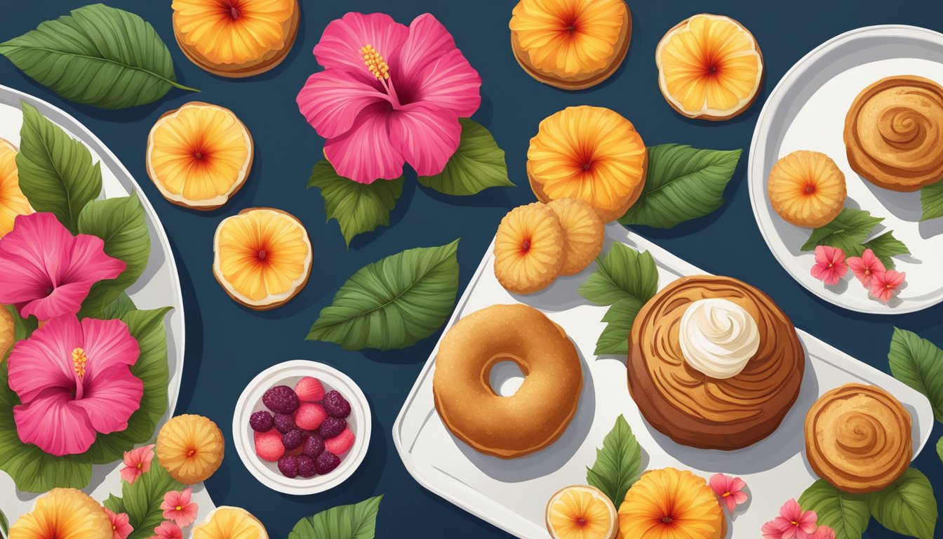 Vibrant hibiscus flowers arranged on a tray surrounded by various baked goods, adding a pop of color and elegance to the scene