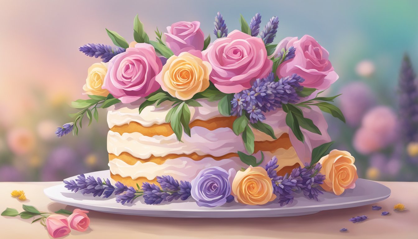 A vibrant bouquet of roses, daisies, and lavender adorning a freshly baked cake