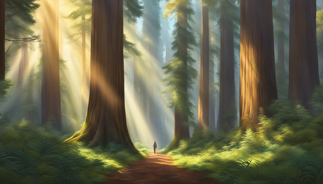 Sunlight filtering through towering redwood trees, illuminating lush forest floor with scattered foraging destinations