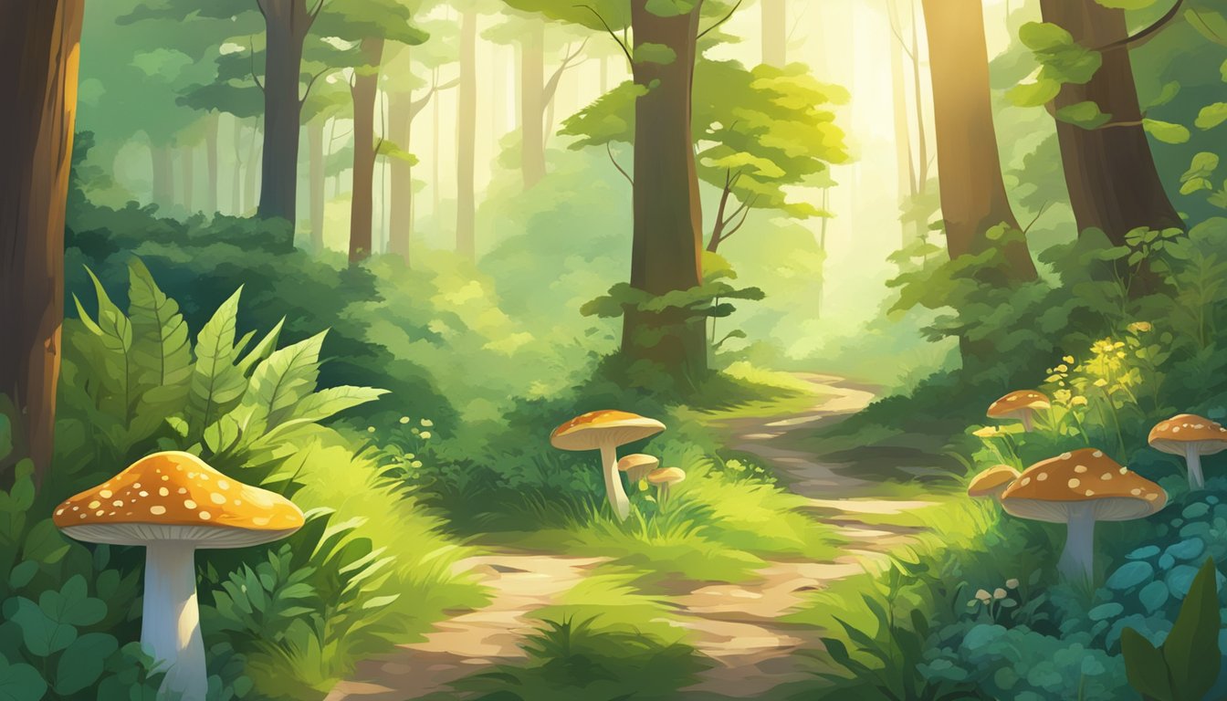 A lush forest with a winding trail, surrounded by towering trees and vibrant foliage. Sunlight filters through the canopy, illuminating patches of wild edible plants and mushrooms